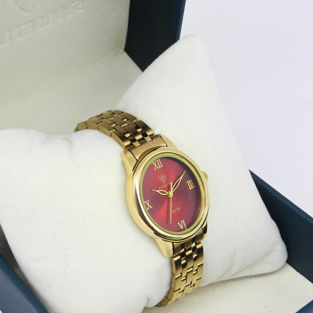 Relógio Feminino Tuguir Analógico TG30471 Dourado e Vermelho (Resistente à água 5ATM, Vintage, Luxuoso, Charmoso)