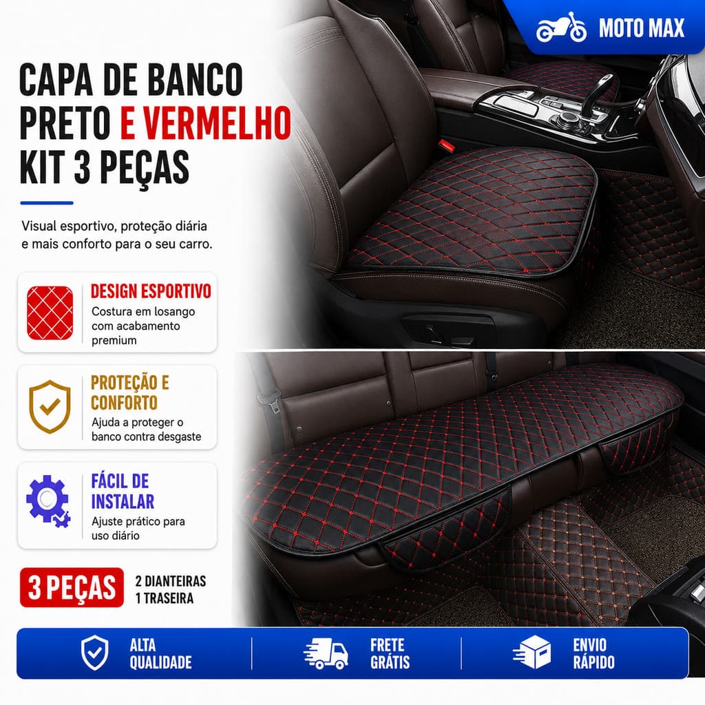 3 Pçs Capa De Assento Do Carro Almofada Universal Respirável Protetor Acessórios Interiores Preto com Vermelho