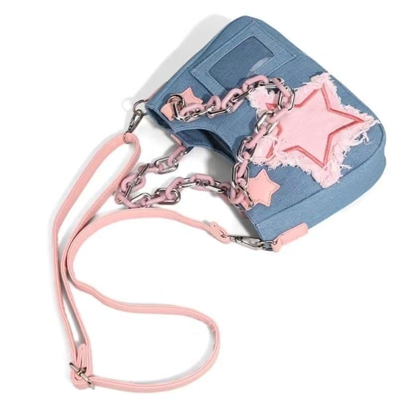 Bolsa jeans rosa estrela Y2K, bolsa de ombro com corrente dupla, bolsa mensageiro estilo fofo Harajuku feminina E5W3