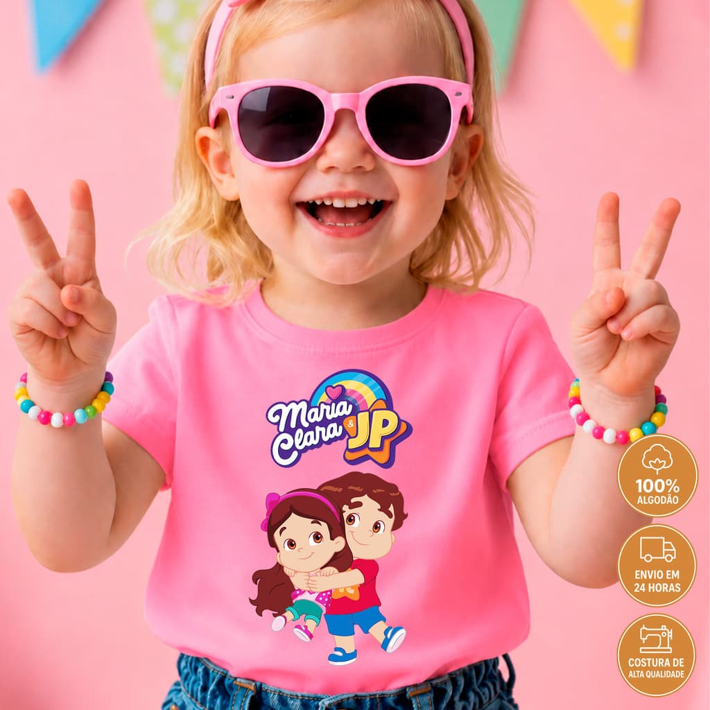 Maria Clara e JP Camiseta Infantil Algodão Alta Qualidade Meninas Rosa Claro Branca Rosa