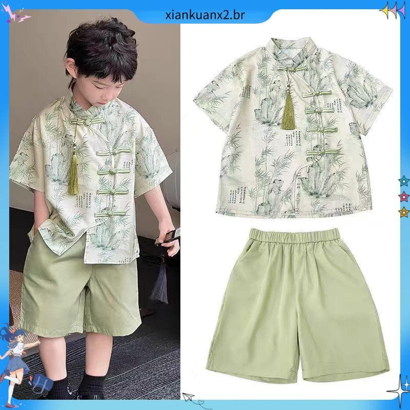 Traje infantil Hanfu novo estilo chinês estilo chinês bambu verde terno de manga curta infantil estilo antigo dragão bar