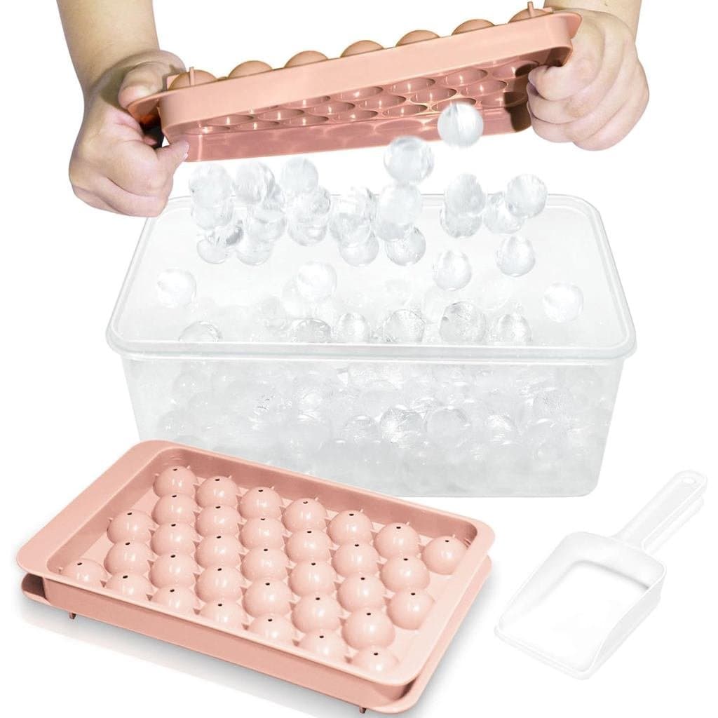 Forma de gelo com tampa e recipiente, formas de gelo redondas de 1 polegada para freezer | 2 Formas de Gelo Rosa com Cai