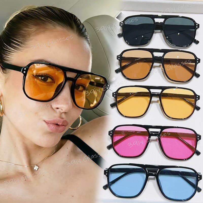 Retro Duplo Feixe Grande Quadro Cor Lente Transparente Óculos De Sol Para Mulheres Moda Ao Ar Livre Condução Praia Resis