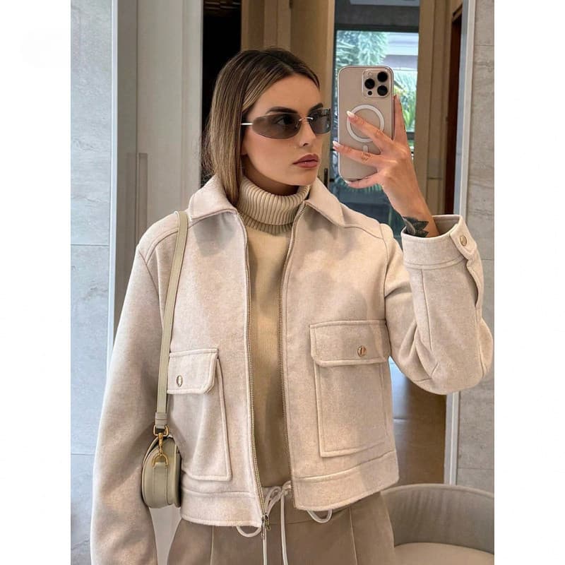 Jaqueta feminina macia, jaqueta com zíper curto novo estilo, adequada para estações de outono e inverno, jaqueta Bomber