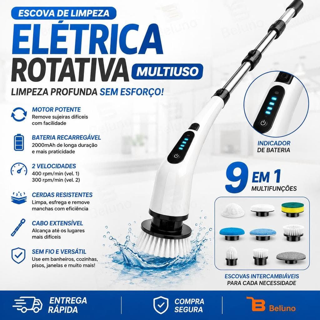 Esfregaão 9 em 1 Escova de Limpeza Elétrica Rotativa Recarregável Multiuso Cabo Extensível para Banheiro Azulejos