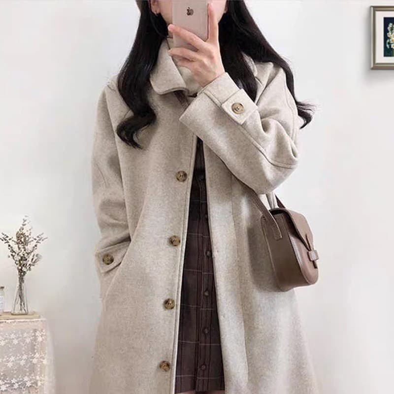 Casaco de lã feminino Hepburn estilo comprimento médio 2026 novo estilo outono inverno engrossado suave All-Match casaco