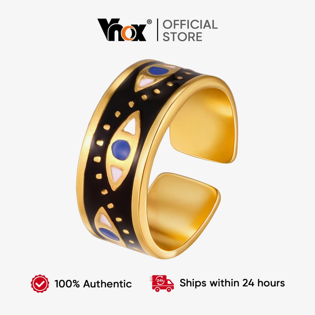 Anel de aço inoxidável Vnox com padrão de olho grego dourado, adequado para mulheres e meninas, hipoalergênico, não desb
