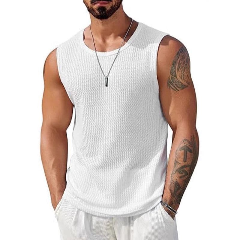 Europeu americano confortável masculino Casual malha sem mangas colete respirável regata verão diário masculino exterior