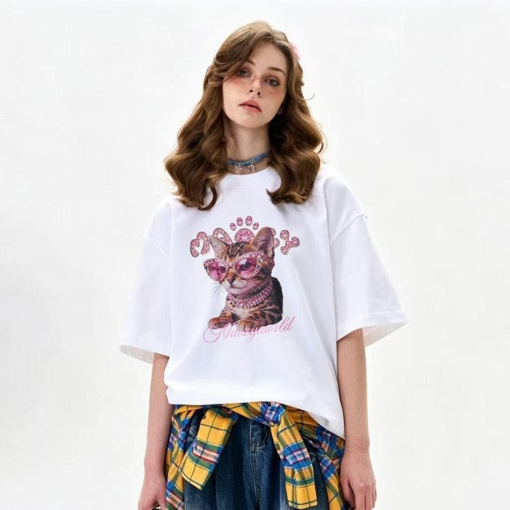 Camiseta Unissex Gola Redonda 100% Algodão Estampa Gato Rosa Fashion Casual