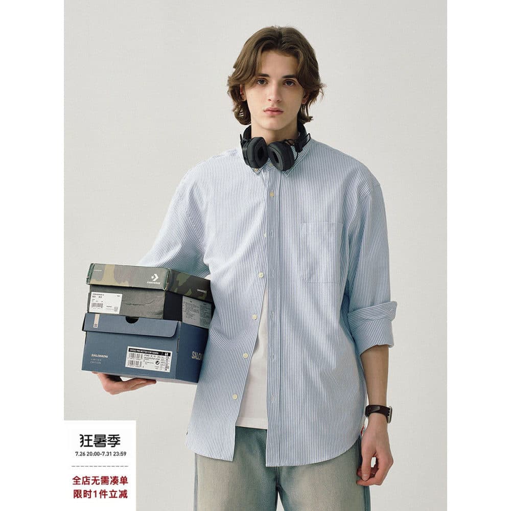 714street simples azul camisa de manga comprida masculina camisa solta japonesa estilo Hong Kong camisa listrada jaqueta