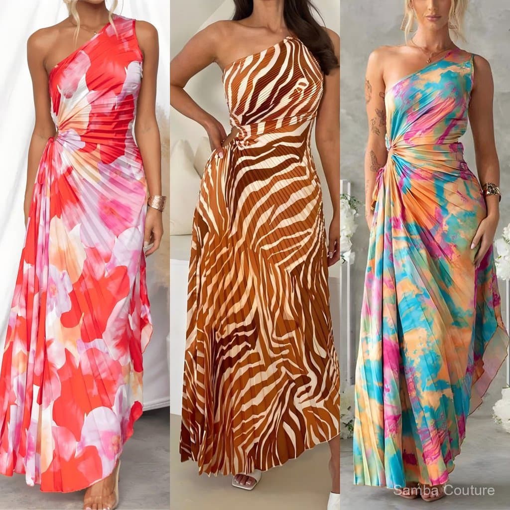 Vestido sem mangas, com cintura amarrada, plissado e estampado, no estilo de design europeu e americano.