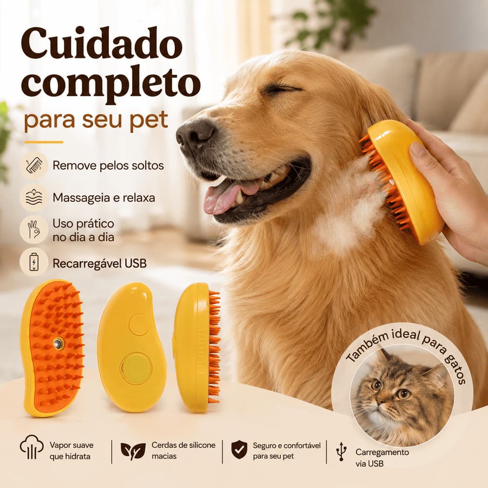 Escova Removedora de Pelos para Pets 3 em 1 a Vapor Elétrica para Cães e Gatos