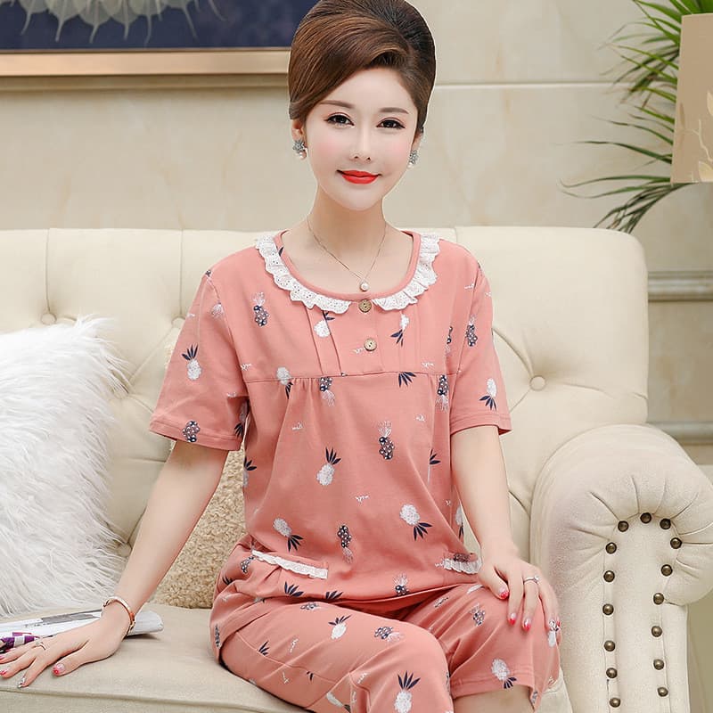 Pijama mãe feminino conjunto de meia-idade idosos calças cortadas de manga curta Loungewear Loo
