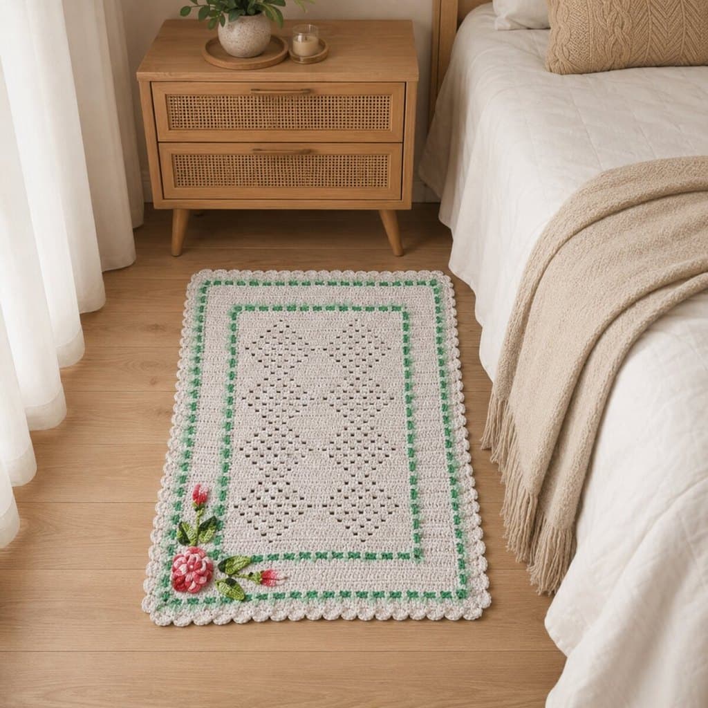 Tapete de Crochê Branco com Flor Artesanal 57x75 quarto cozinha