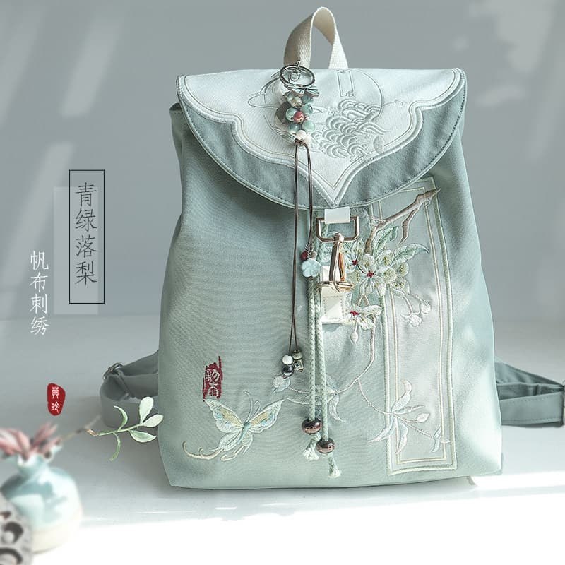 Mochila escolar retrô estilo chinês antigo Hanfu bordado literário zíper cordão lona mochila de computador