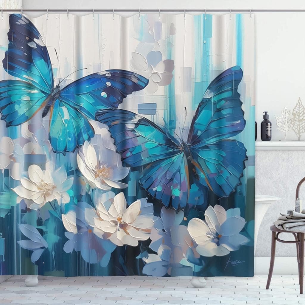 Cortina de Chuveiro Emvency Azul Tropical com Borboletas Morpho e Flores Margaridas Turquesa, Decoração para Banheiro, T