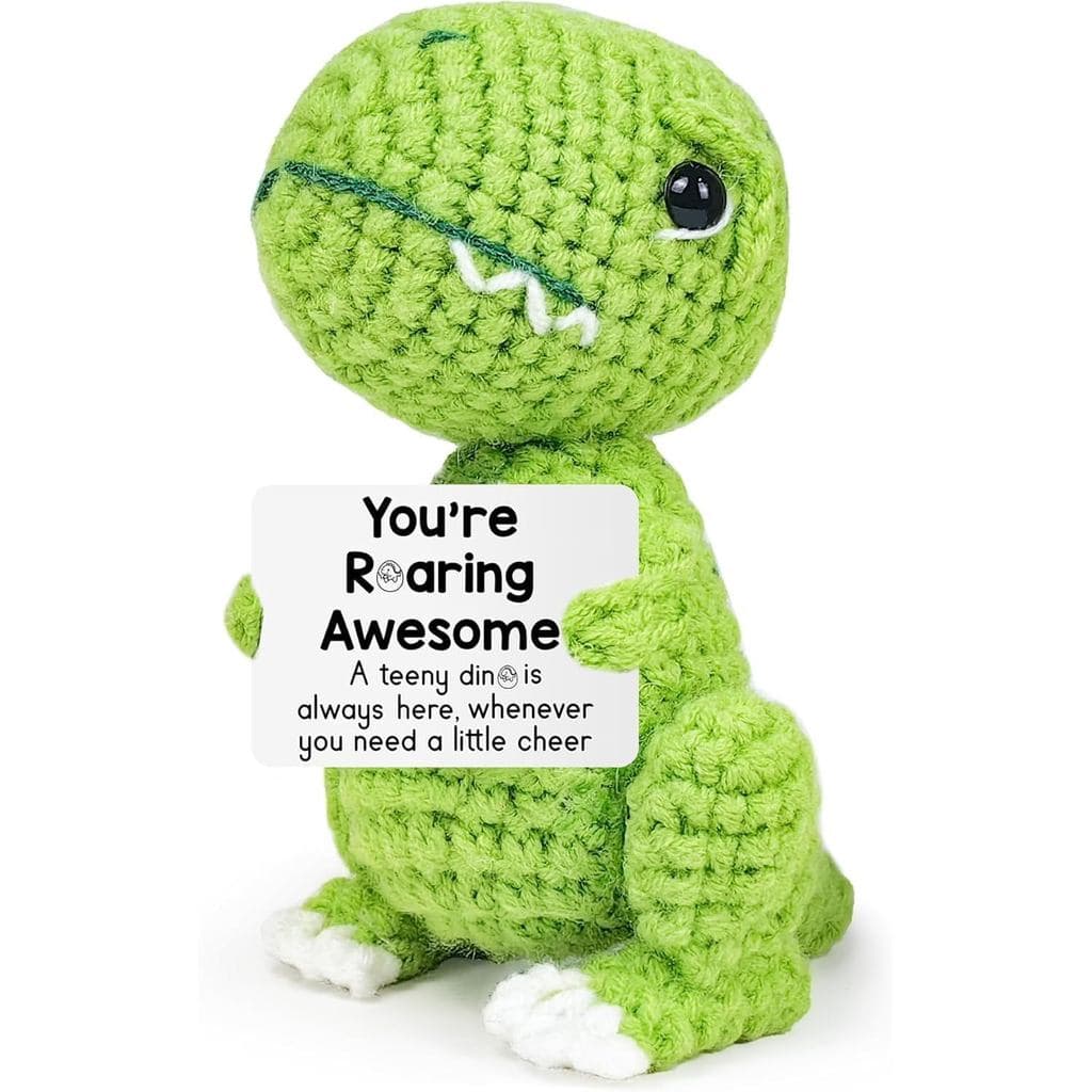 Dinossauro Alegre de Crochê Inspirador – Presente Engraçado Feito à Mão para Lembrete e Apoio Emocional para Mulheres, E