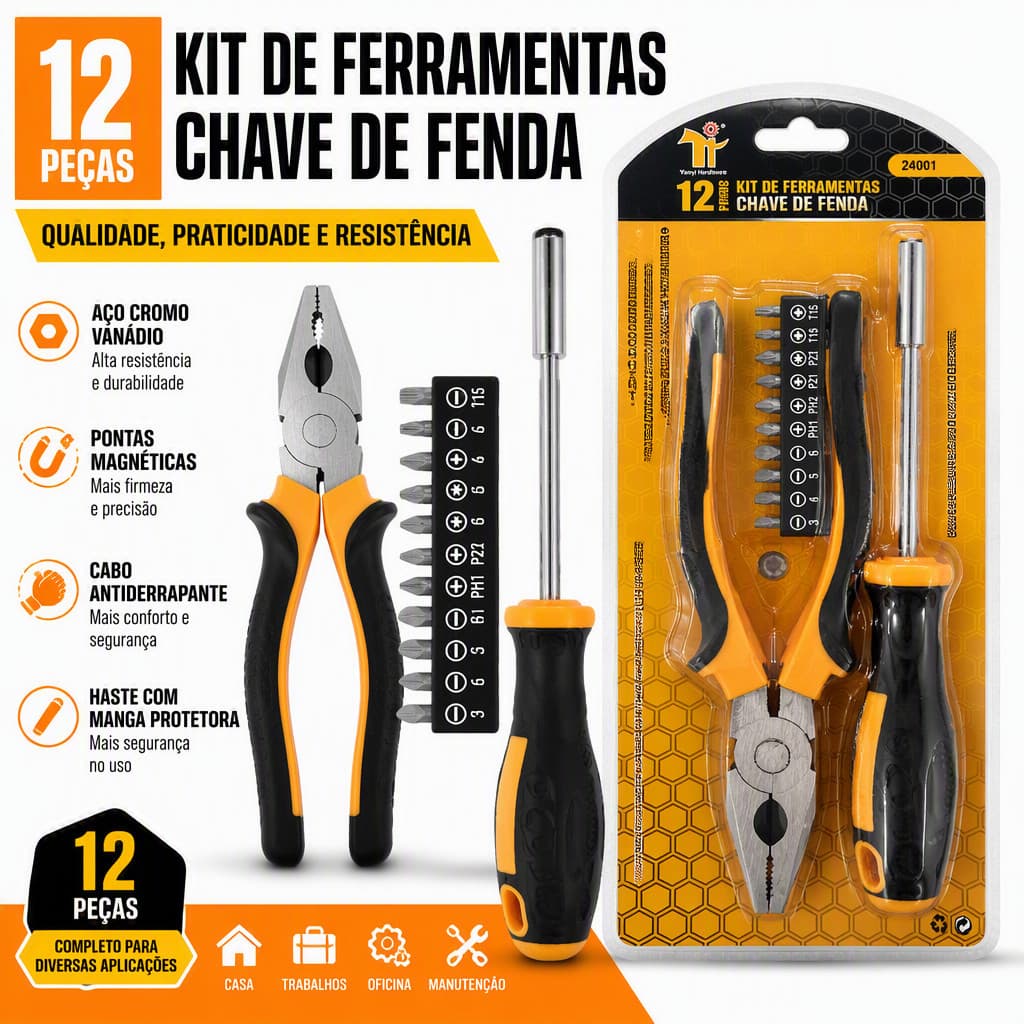 Kit Ferramenta 12 Peças Alicate Universal + Chave de Fenda com Extensor Magnético + Jogo de Bits
