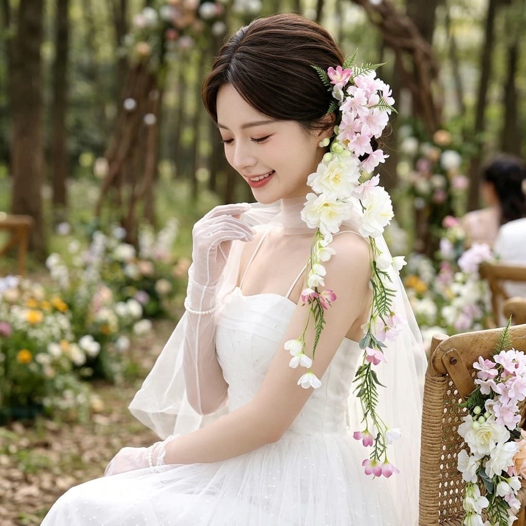 Grampo De Cabelo De Flor Artificial Rosa Branco Com Borlas Longas Para Sessão De Fotos De Casamento