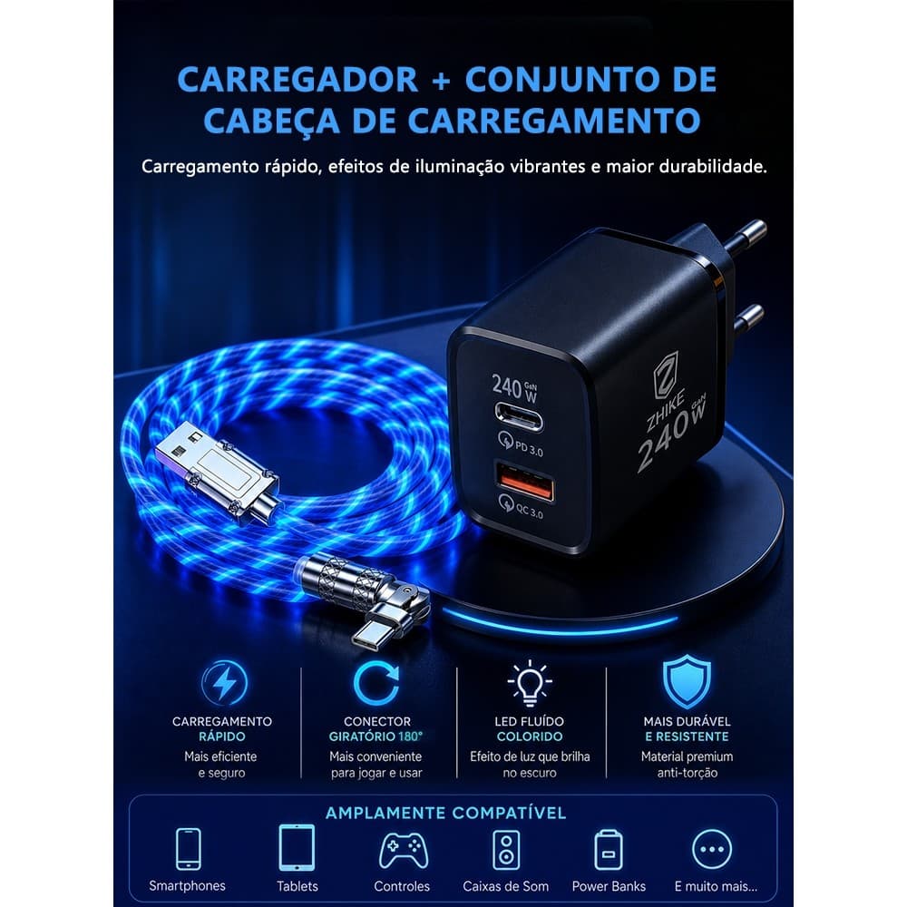Carregador Celular Kit 240W ZHIKE Cabo Tipo C V8 Carregamento Rápido Dados GaN Adaptador Para Tipo C Power Delivery 1,5M