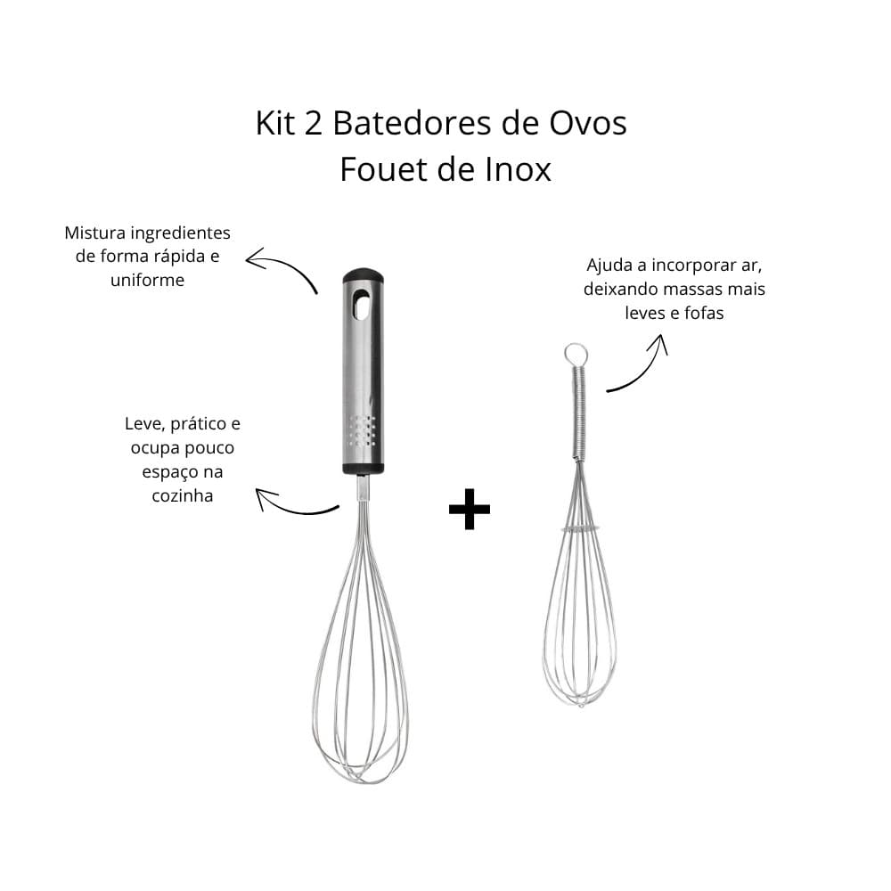 Kit 2 Batedores de Ovos Fouet de Inox Ideal para Massas Claras Bolos