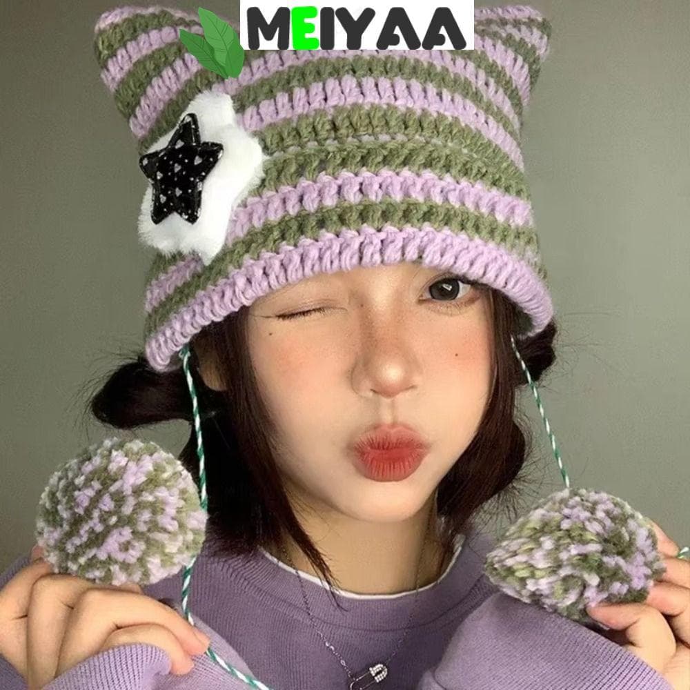 MEIYAA Estrela Diabo Chapéu , Y2K Bonito Listrado Y2K Gorro , Chapéus Femininos Tricô Lã Boné Outono Inverno