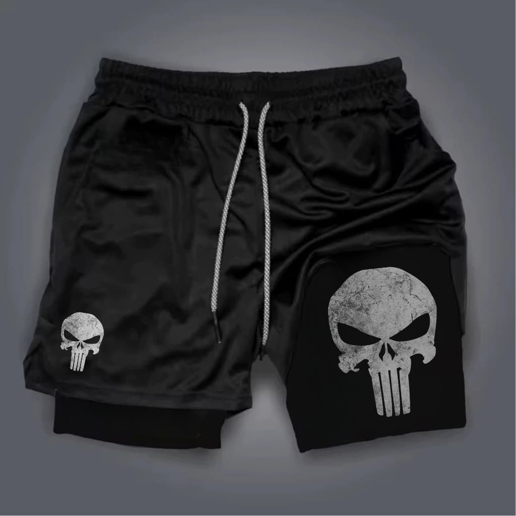 Shorts Bermuda 2 em 1 Masculina Academia Corrida Treino Fitness Muay Thai Jiu Jitsu Crosfit Compressão Arnold caveira