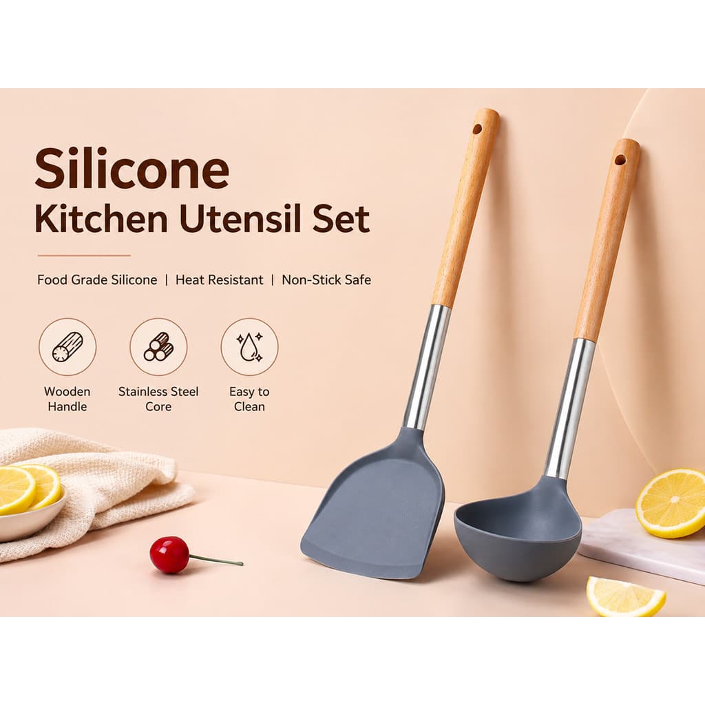 Conjunto De Utensílios De Cozinha De Silicone Com Cabo De Madeira , Resistente Ao Calor , Espátula Sem Arranhões L