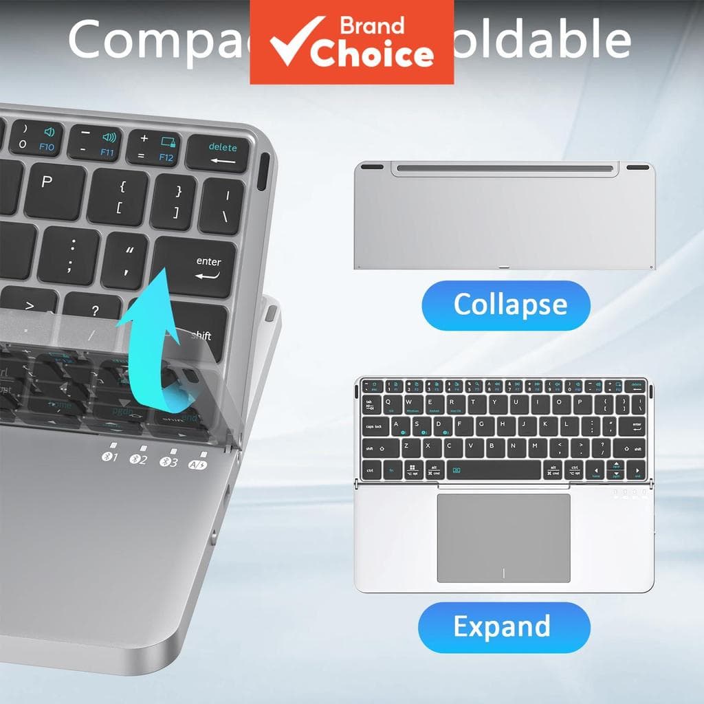 JOMAA Teclado dobrável de couro triplo Bluetooth com suporte para celular e tablet, touchpad, teclado sem fio