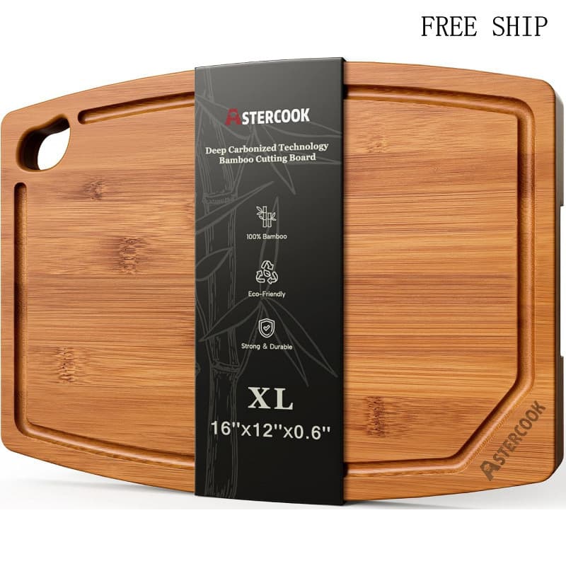 Tábua de Corte Grande de Bambu Astercook, Tábua de Corte de Madeira Profundamente Carbonizada com Ranhura para Suco e Al