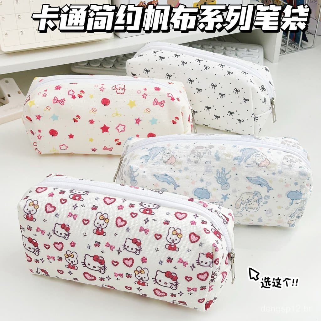 Estojo de Lápis de Lona com Estampa de Gato de Desenho Animado Fofo, Bolsa de Material Escolar