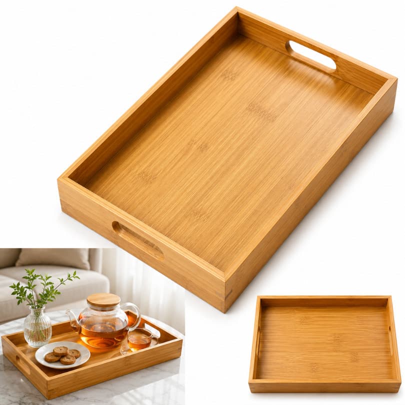 Bandeja de Bambu Premium Decorativa Café da Manhã Organizador Lavabo Cantinho do Café Alça Lateral