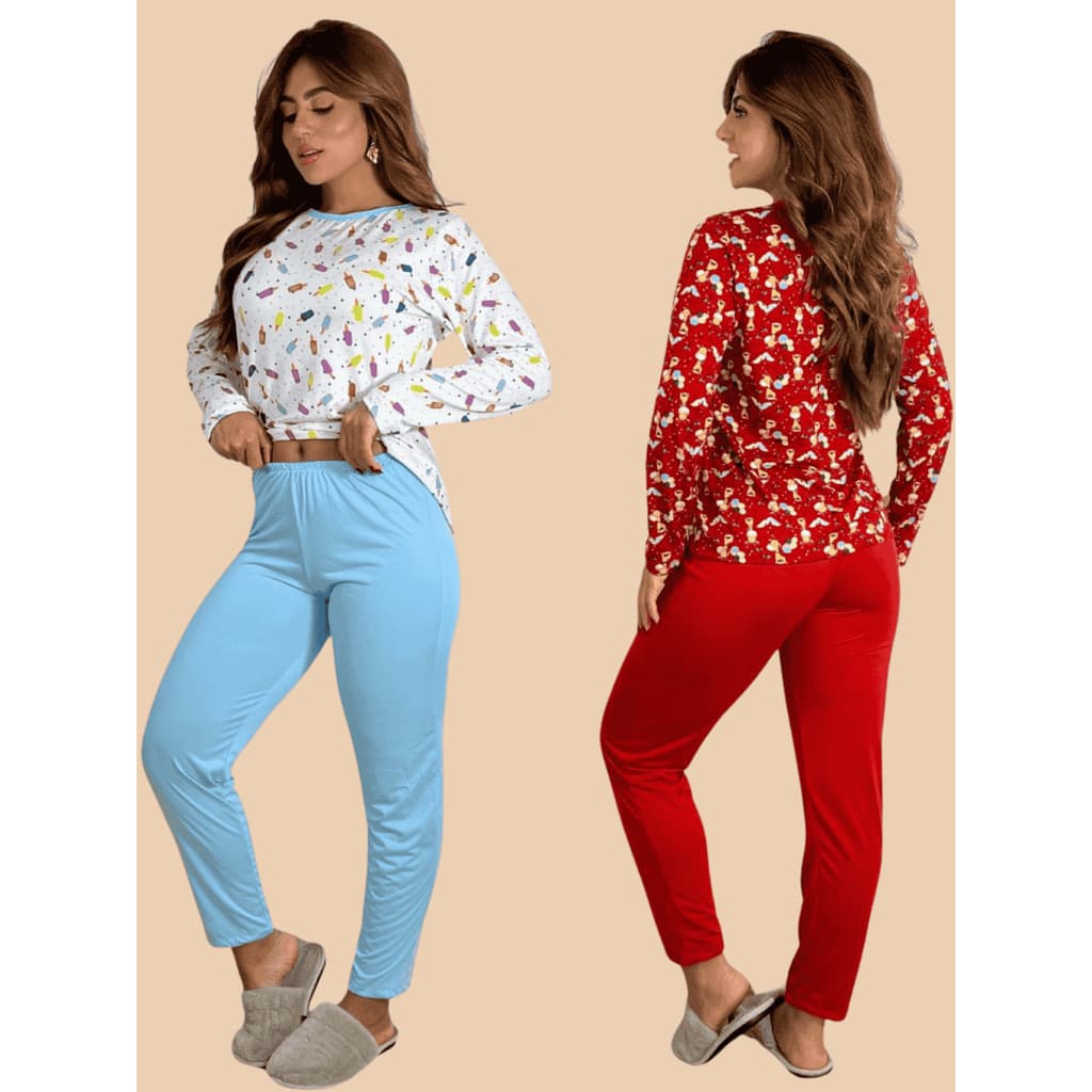 Kit 2 Pijamas Femininos Longos Manga Longa Com Calça Confortável Para Dormir E Usar Em Casa E Viagem
