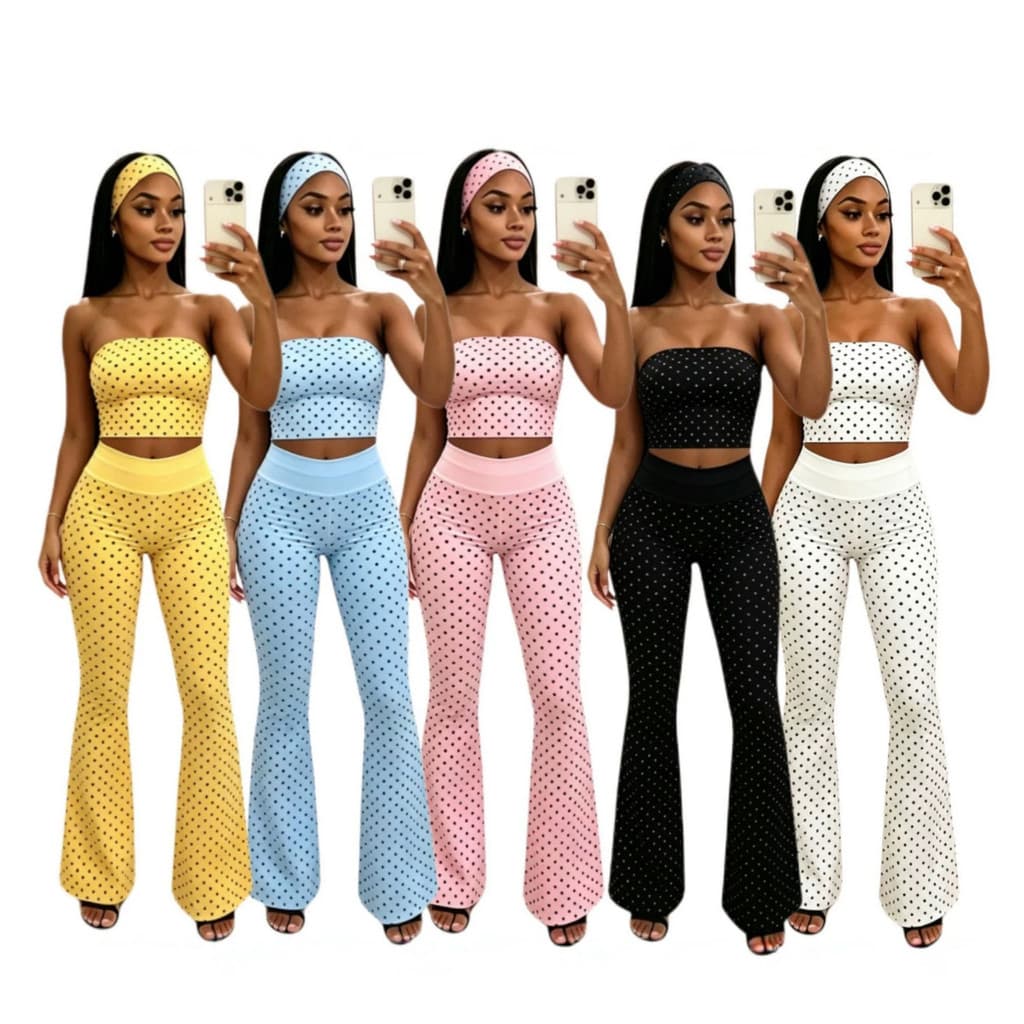 Moda Feminina Bolinhas Tubo Superior Cintura Alta Calças Flare Conjunto De 3 Peças Com Lenço Casual Uso Diário Roupas De