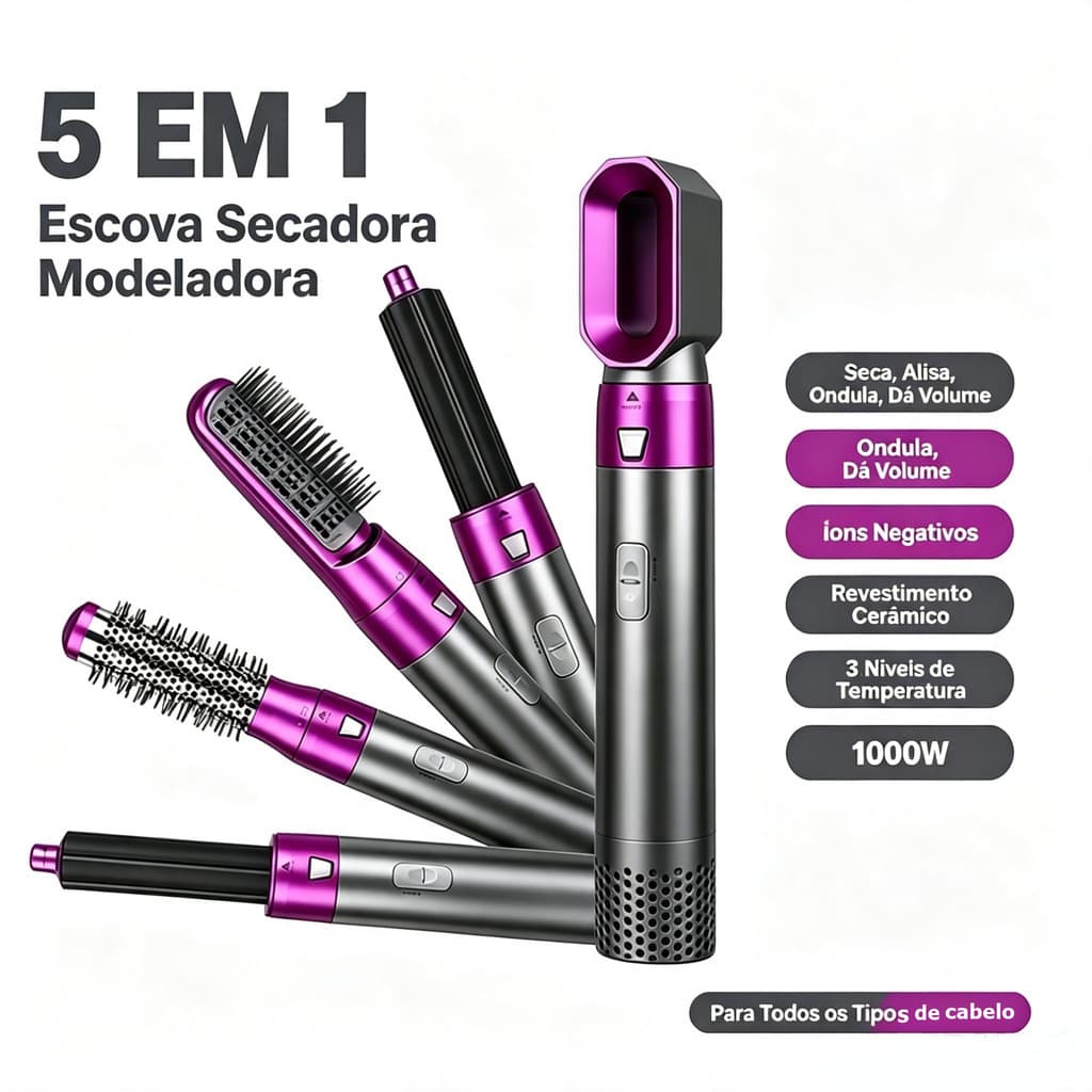 Escova Profissional Para Secador De Cabelo Com Ar Quente 5 Em 1 110V,Pente,Modelador,Aumenta Volume Janoclick