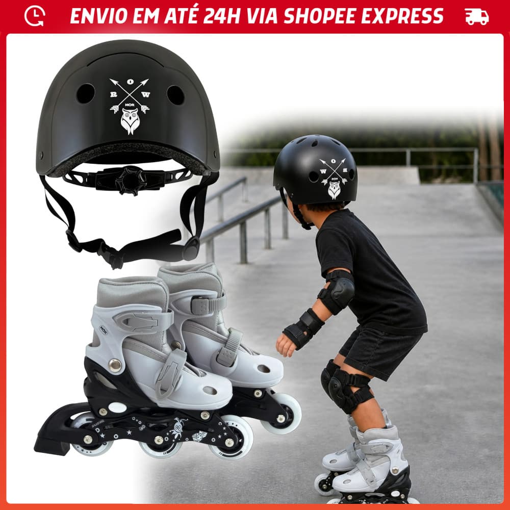 Patins Infantil Radical Ajustável Tamanho Entre 30 á 33 e Capacete Mor Infantil Cinza M