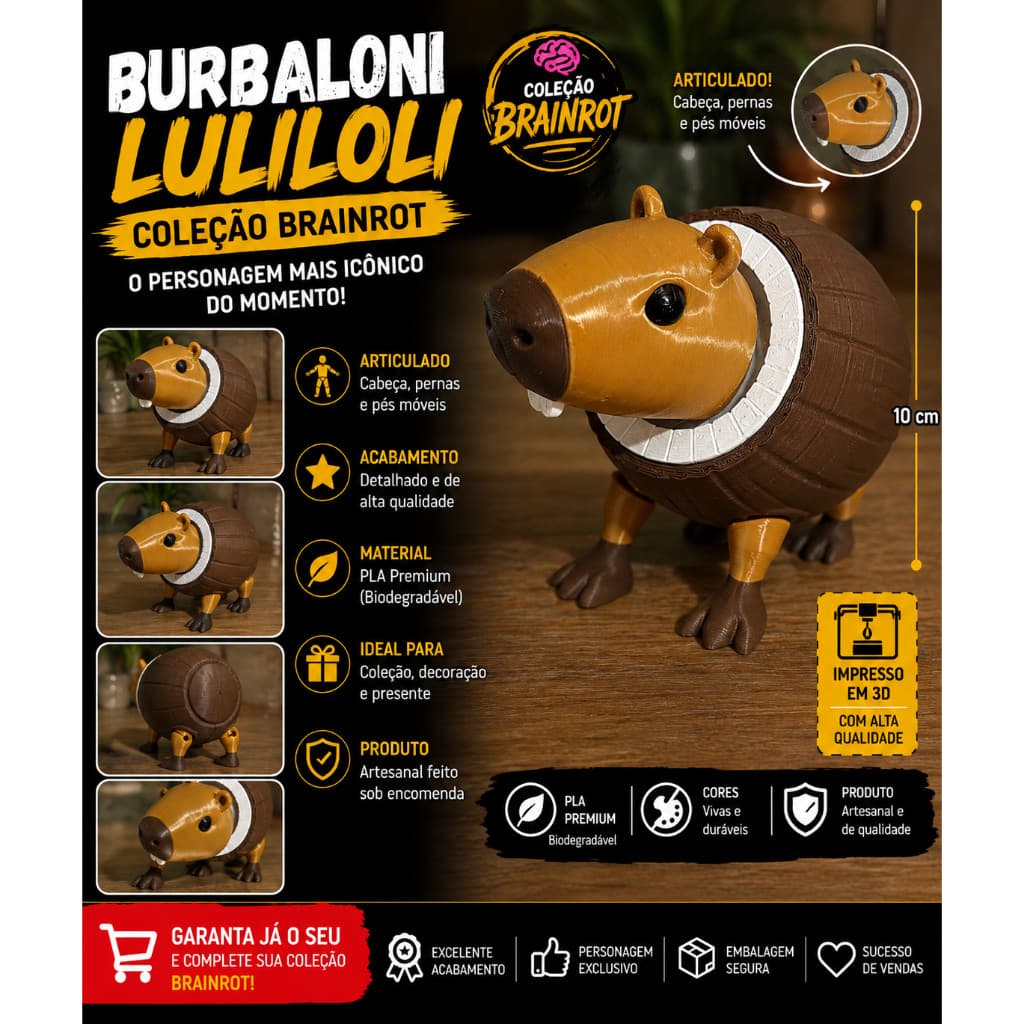 Burbaloni Luliloli –13cm Boneco Articulado Coleção Brainrot | Impressão 3D