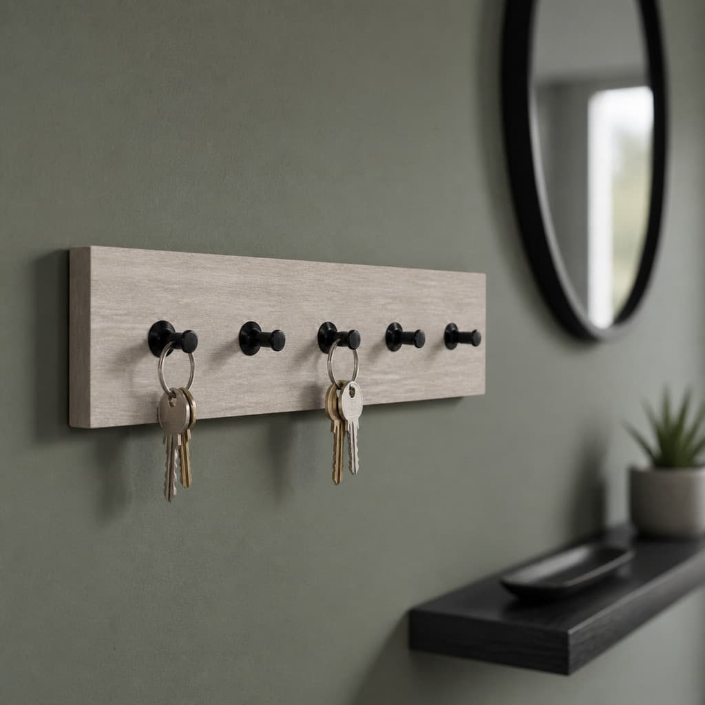 Porta-Chaves de Parede com 5 Pinos Pretos – Organizador Moderno com Opção de Prateleira