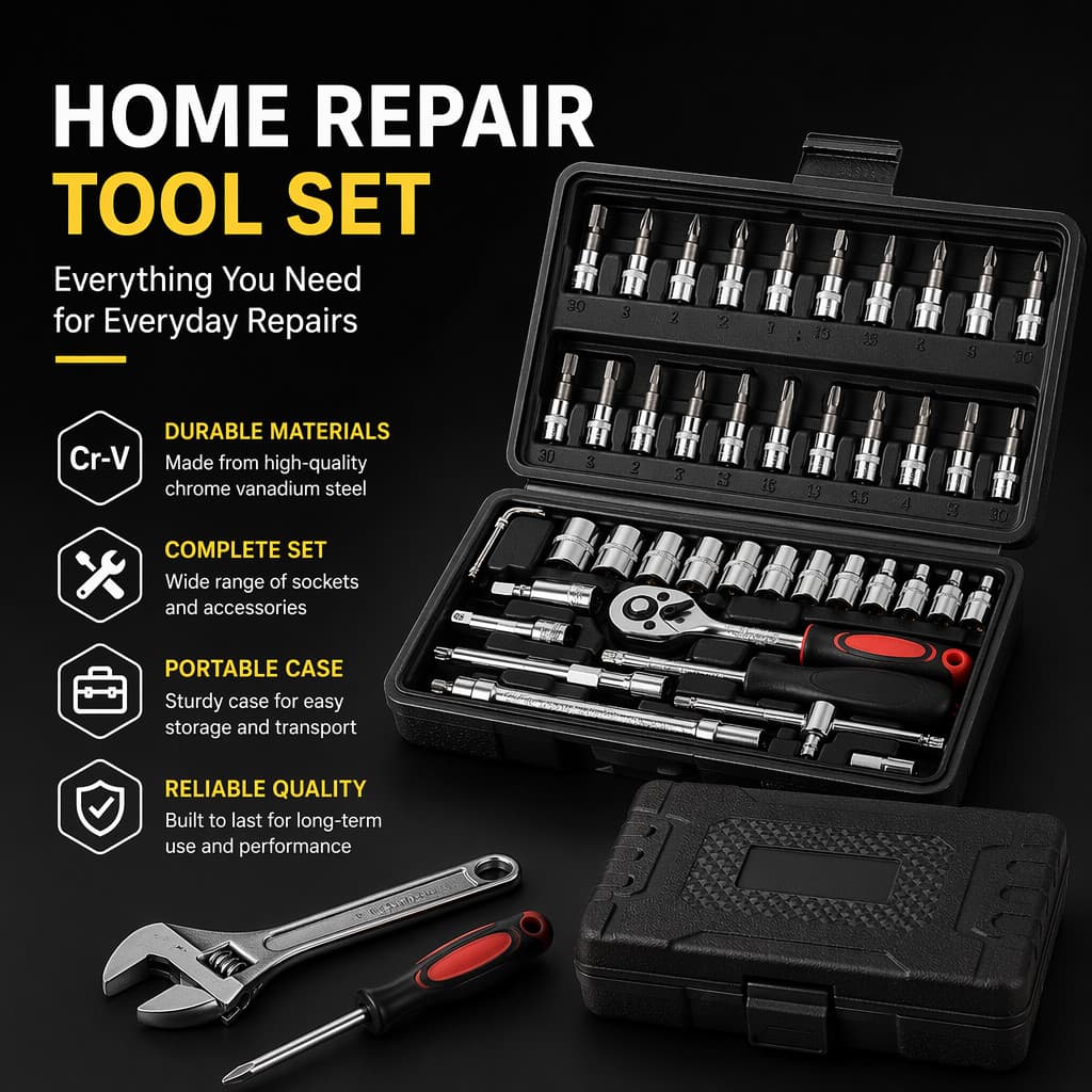 46 Peças Maleta Completa Linha Premium Kit Chaves Jogo Catraca Reversível Com Soquetes Preto
