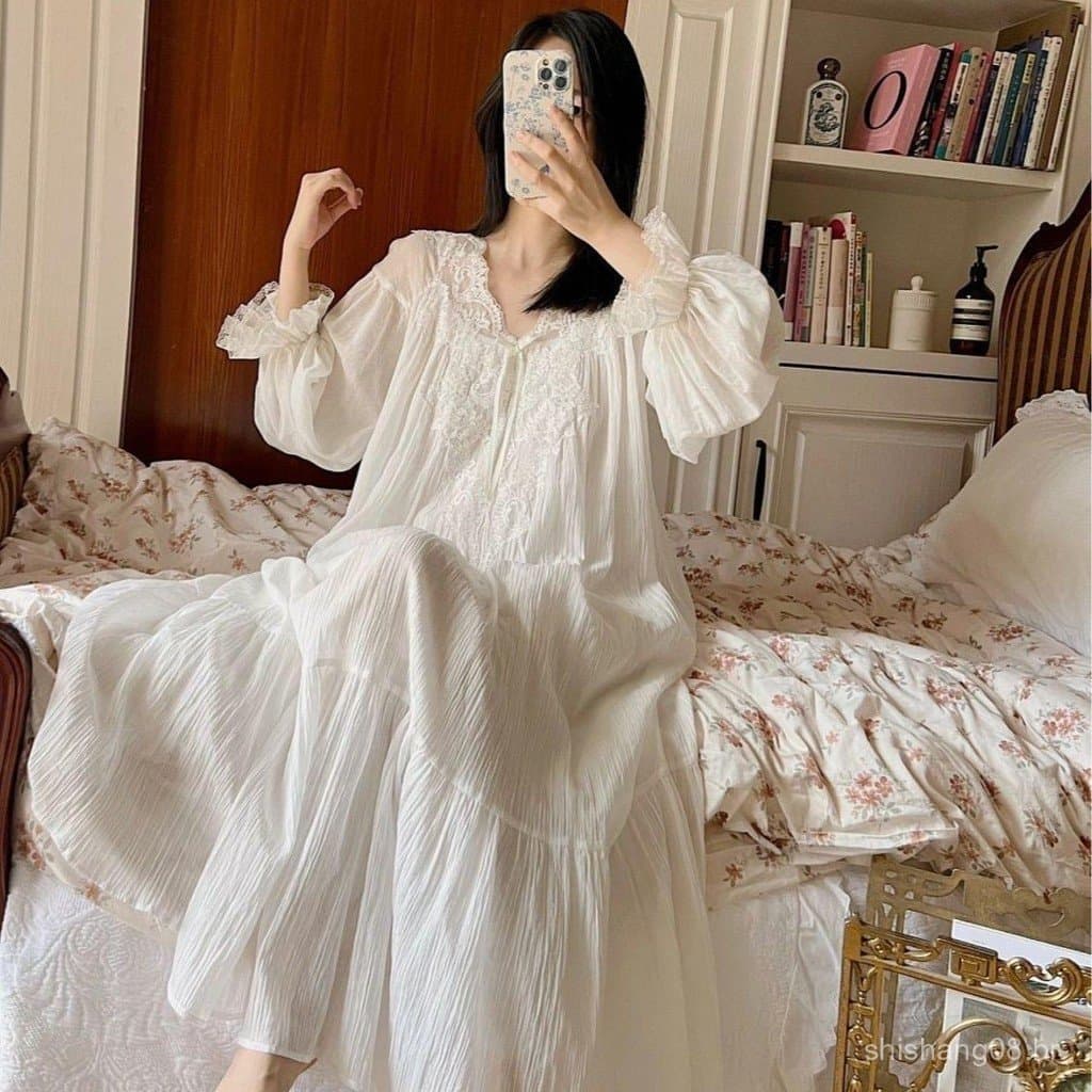 Doce estilo princesa camisola feminina de manga comprida high-End rendas pijamas vestido versão de alta qualidade