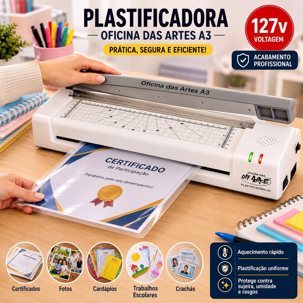 Plastificadora A3 Profissional 127V 400W – Laminadora para Documentos Fotos Papelaria Escola e Escritório