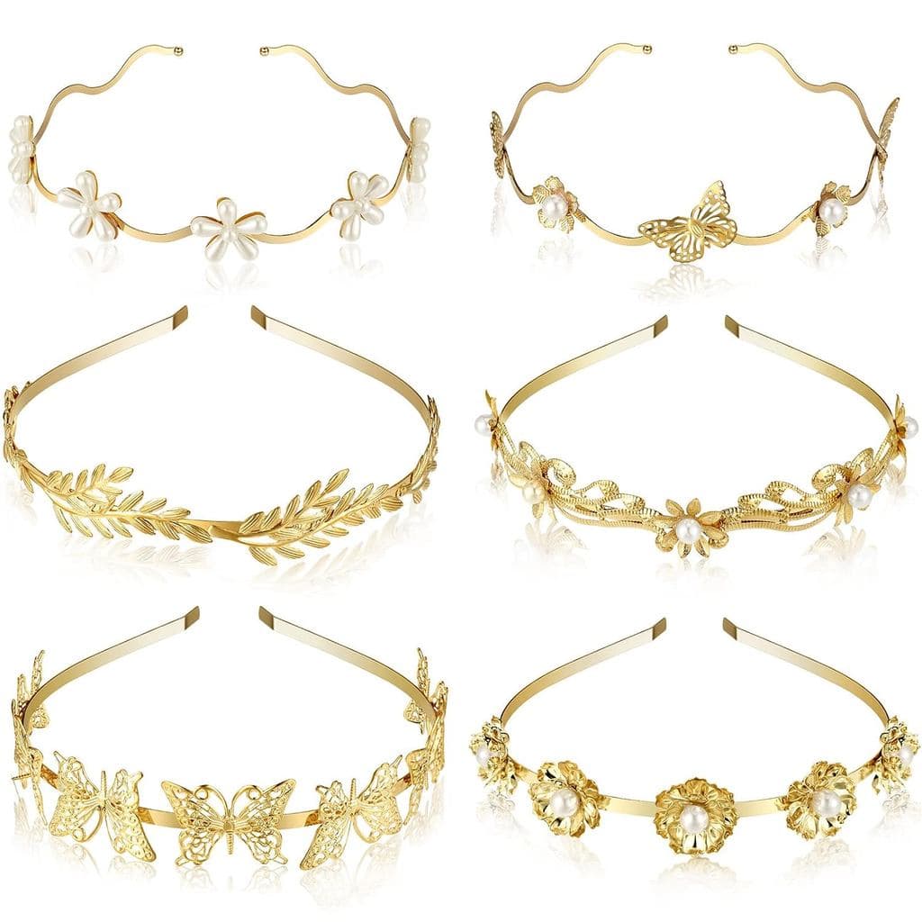 XunYee Conjunto de 6 Tiara Dourada com Folhas e Pérolas para Mulheres, Acessórios de Deusa Grega, Tiara de Flores com Pé