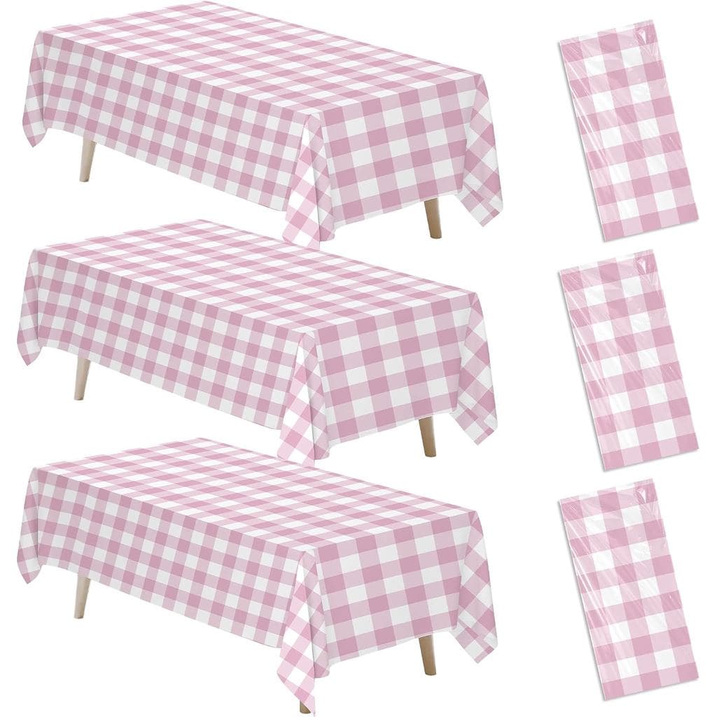 Toalhas de Mesa Decorativas em Xadrez Rosa Claro, Pacote com 3 Toalhas Descartáveis em Xadrez Rosa para Festas, para Ani
