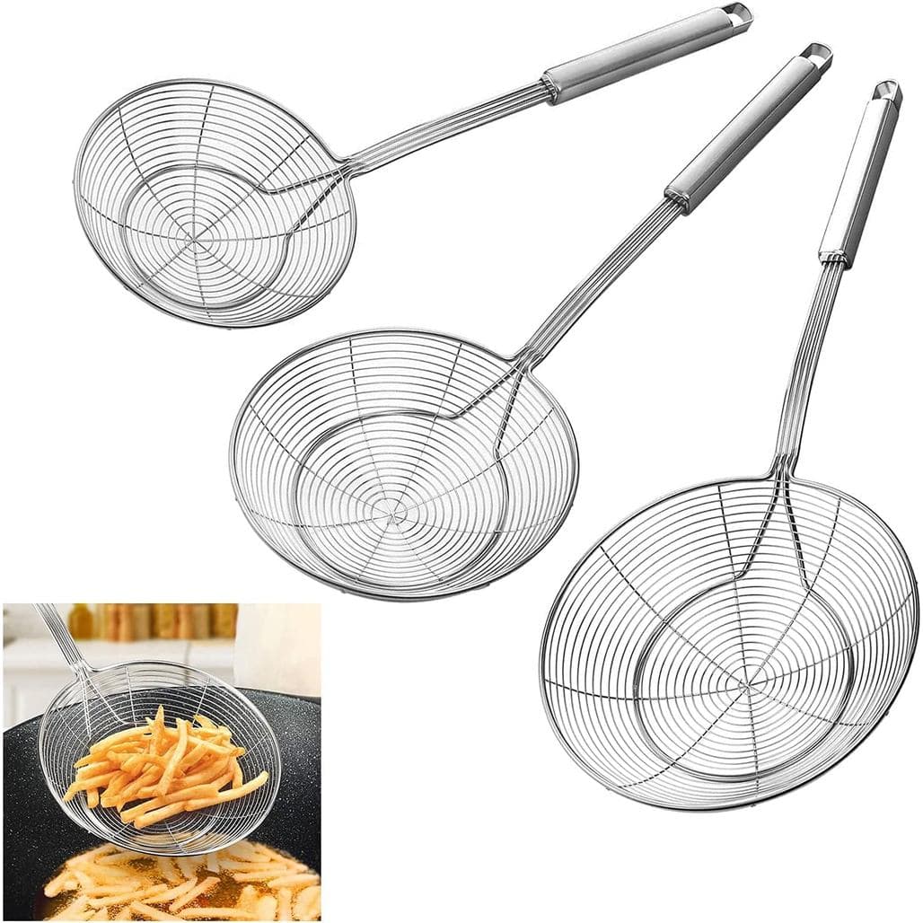 KEISSCO Escumadeira de Aço Inoxidável Tipo Aranha para Fritar e Cozinhar - Conjunto de 3 Escumadeiras Asiáticas de Arame