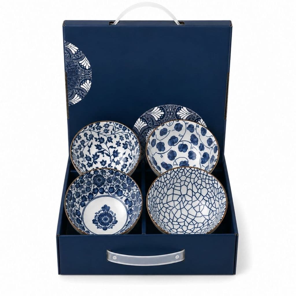JOGO 4 PEÇAS BOWLS CERAMICA 11,3X6CM BRANCO/AZUL NATALUZ