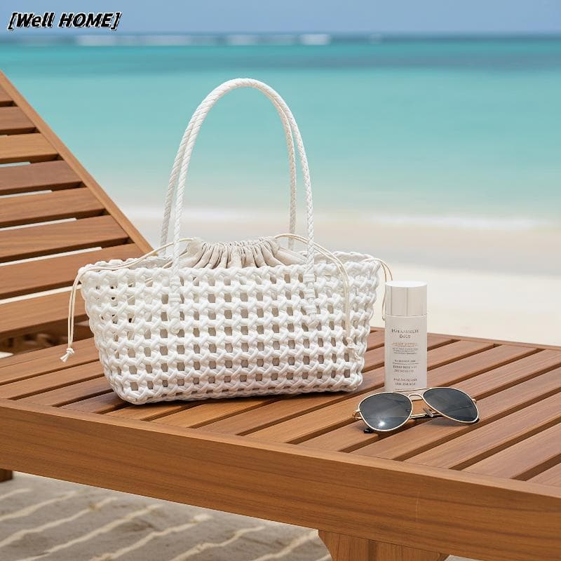 [Well HOME] Sacola De Praia Leve De Tecido Oco De Grande Capacidade Estilo Campo Bolsa De Verão De Plástico Para Viagens