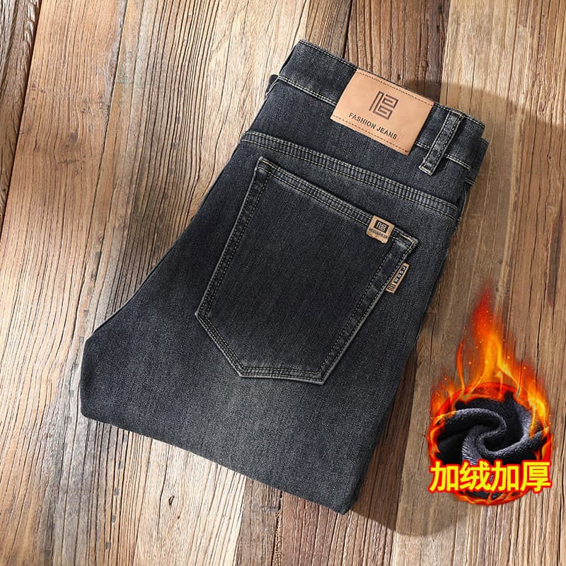 Jeans retos forro de lã masculino engrossado inverno grosso fino ajuste estiramento street wear Casual forro de lã quent