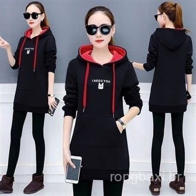 Roupas femininas de comprimento médio forro de lã engrossado moletom com capuz quente jaqueta solta outono inverno nova