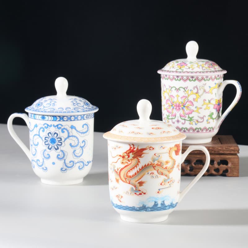 Caneca vintage de cerâmica esmaltada, caneca de porcelana com tampa, de escritório, caneca de água para sala de c