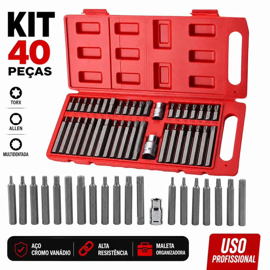 Kit 40 Peças Jogo Bits Torx Allen Multidentada Várias Medidas Ferramentas Chave Fenda Acessório Universal